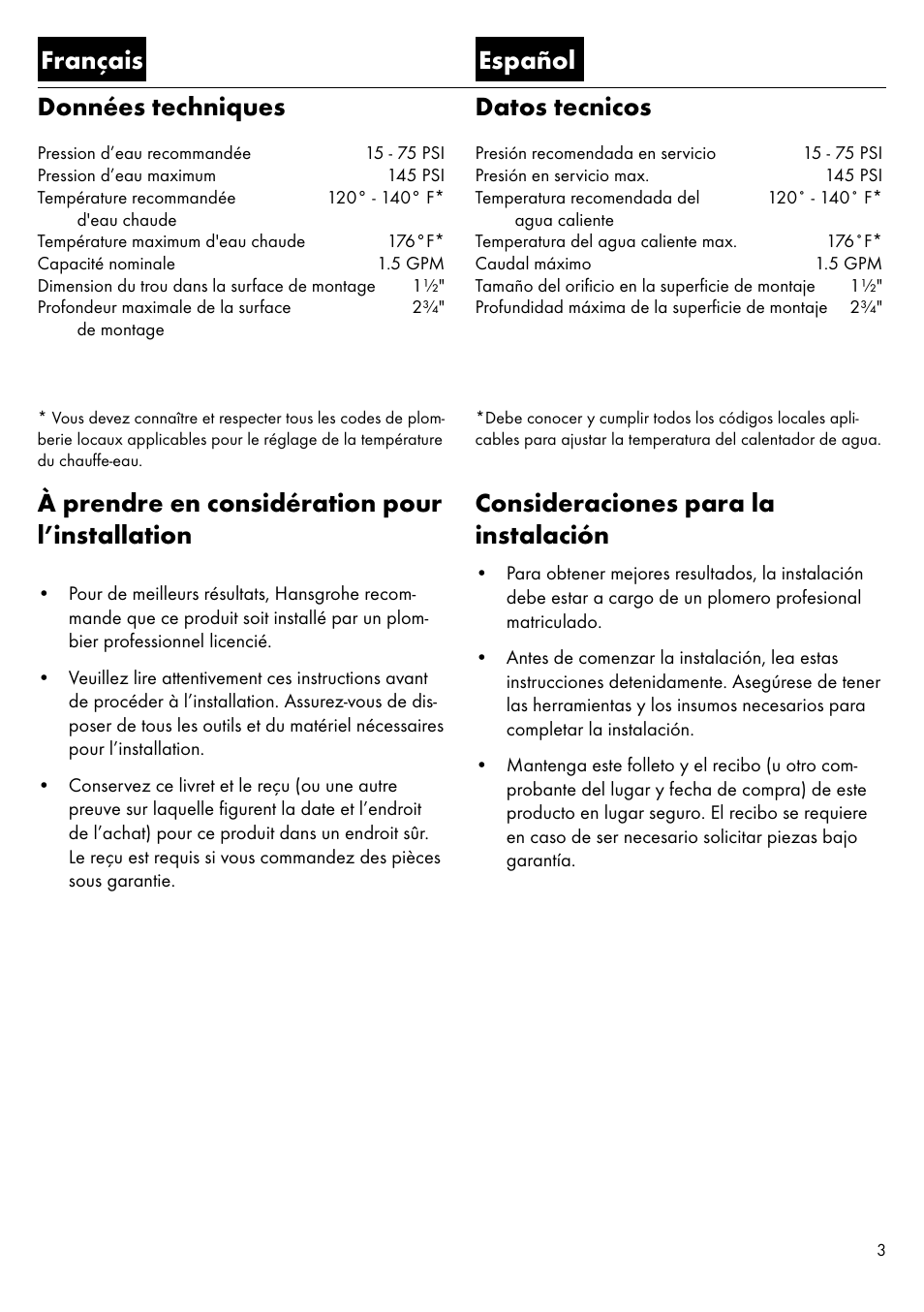 Données techniques, Français datos tecnicos, Consideraciones para la instalación | Español, À prendre en considération pour l’installation | Factory Direct Hardware Hansgrohe 39851 Axor Citterio  User Manual | Page 3 / 16