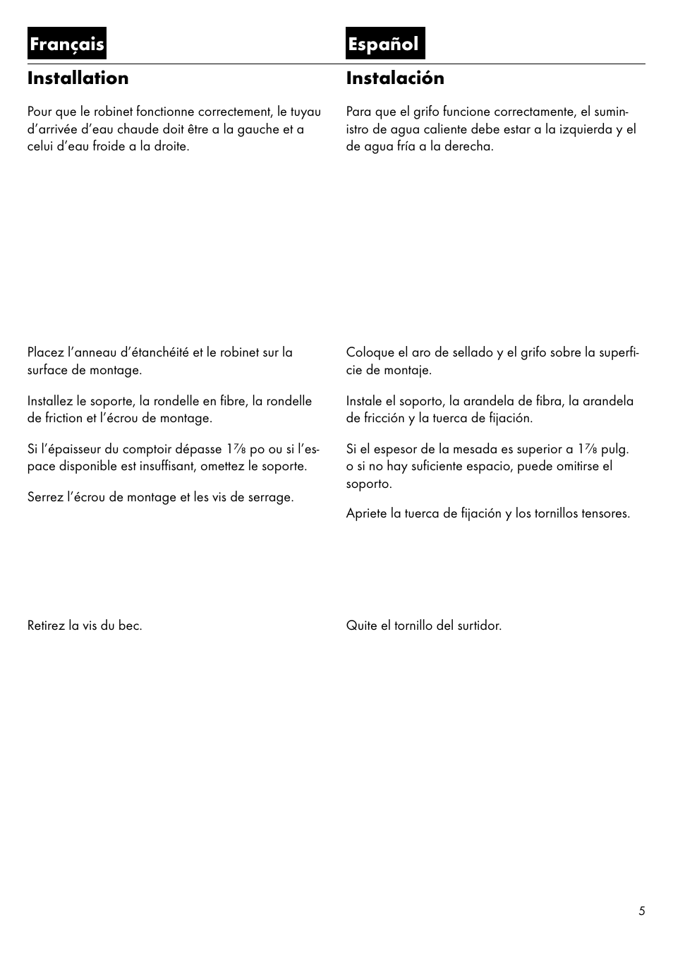 Français español installation, Instalación | Factory Direct Hardware Hansgrohe 39851 Axor Citterio  User Manual | Page 5 / 16