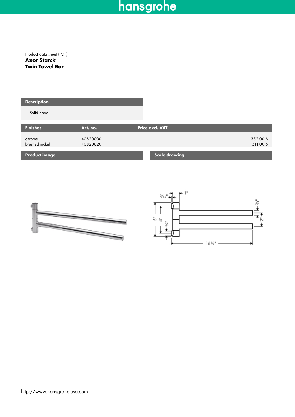 Factory Direct Hardware Hansgrohe 40820 Axor Citterio User Manual | 1 page