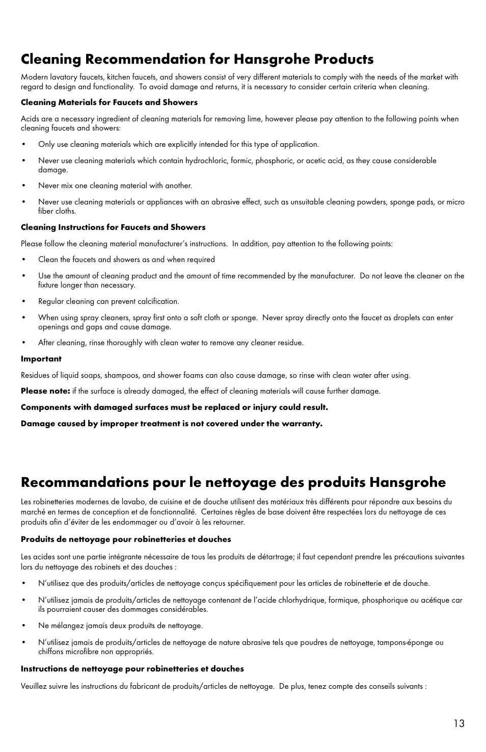 Cleaning recommendation for hansgrohe products | Factory Direct Hardware Hansgrohe 04310 Talis S User Manual | Page 13 / 16