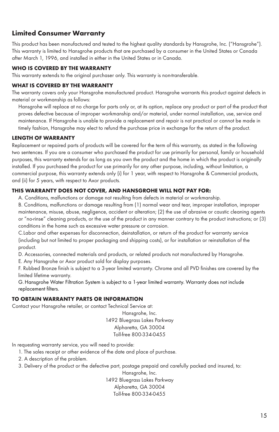 Limited consumer warranty | Factory Direct Hardware Hansgrohe 04310 Talis S User Manual | Page 15 / 16