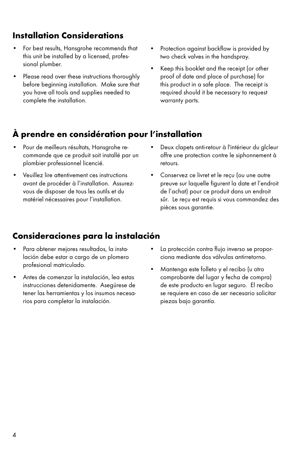 Consideraciones para la instalación, À prendre en considération pour l’installation, Installation considerations | Factory Direct Hardware Hansgrohe 04310 Talis S User Manual | Page 4 / 16