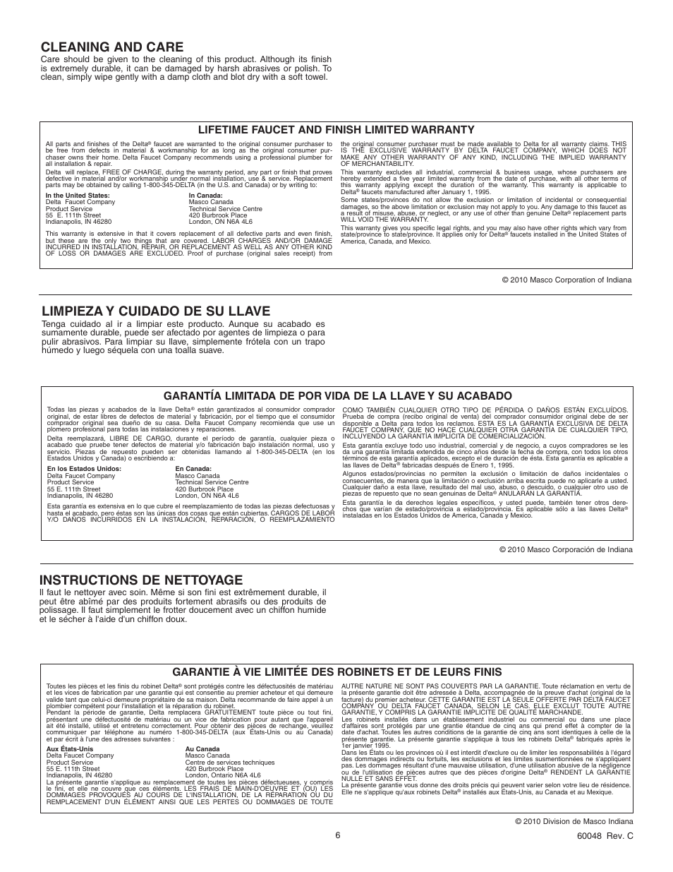 Cleaning and care, Instructions de nettoyage, Limpieza y cuidado de su llave | Lifetime faucet and finish limited warranty | Factory Direct Hardware Delta 35902LF User Manual | Page 6 / 6