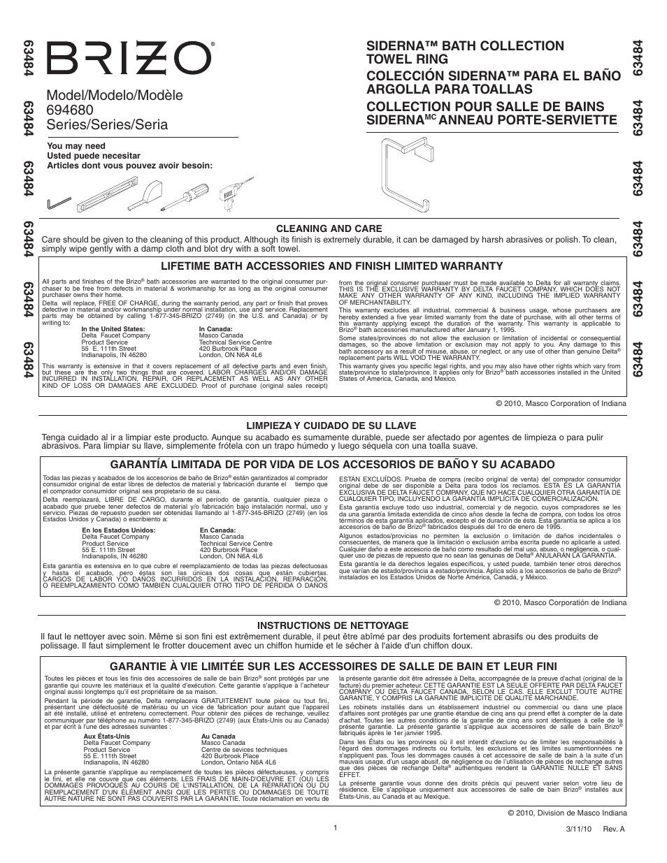 Factory Direct Hardware Brizo 694680 Siderna User Manual | 2 pages