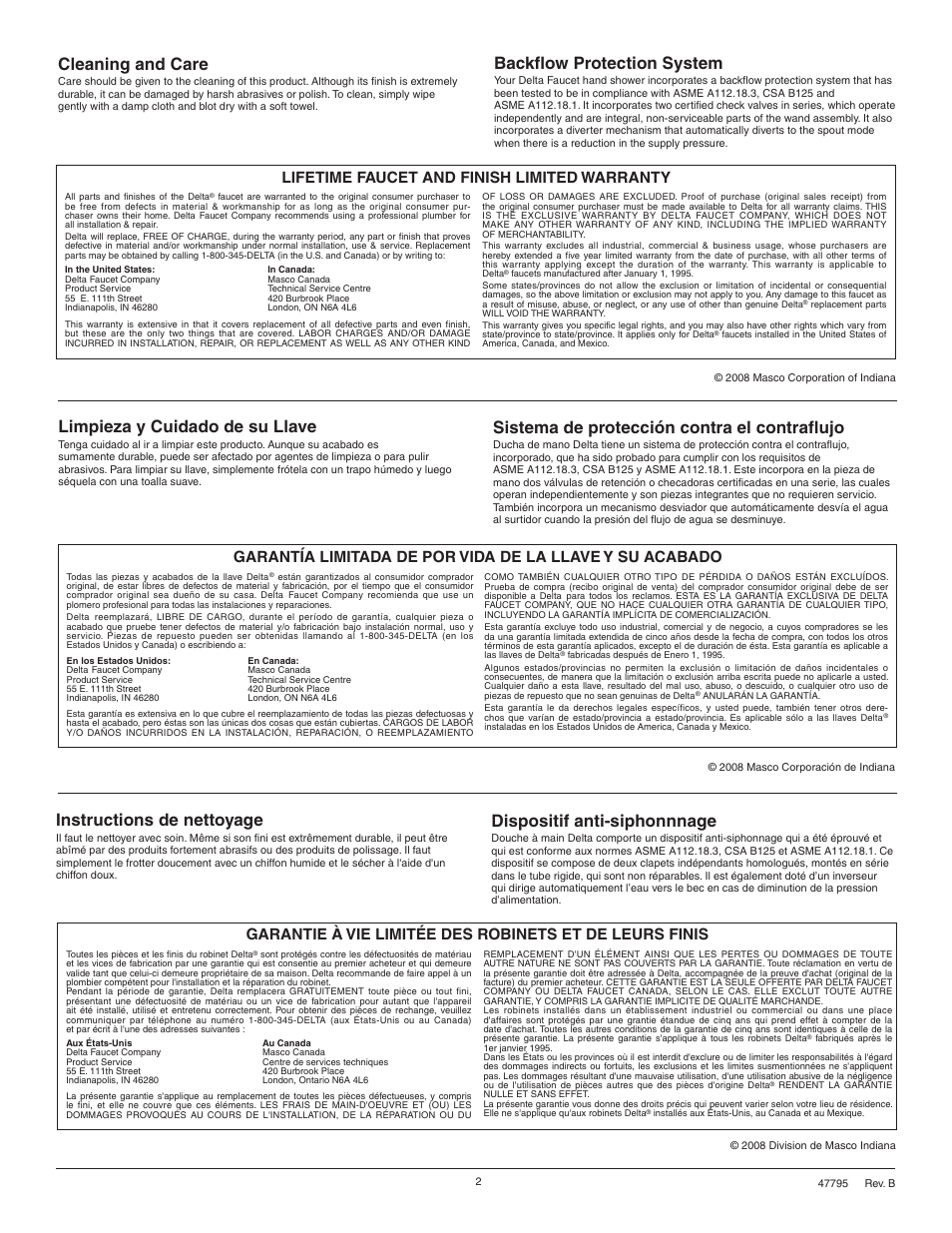 Cleaning and care, Backflow protection system, Instructions de nettoyage | Limpieza y cuidado de su llave, Sistema de protección contra el contraflujo, Dispositif anti-siphonnnage, Lifetime faucet and finish limited warranty | Factory Direct Hardware Delta T2778LHP Leland User Manual | Page 2 / 8