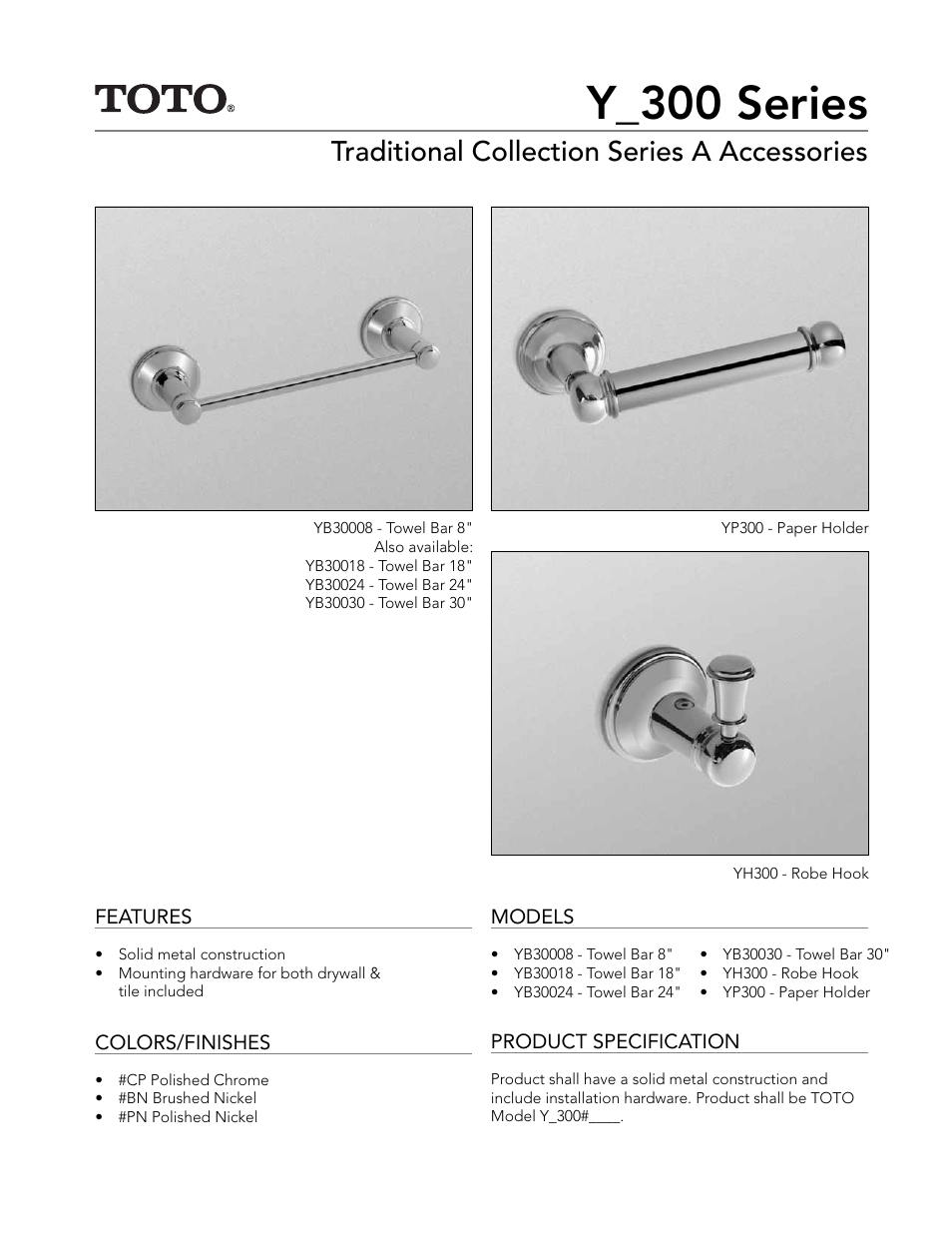 Factory Direct Hardware Toto YB30030 Traditional User Manual | 2 pages