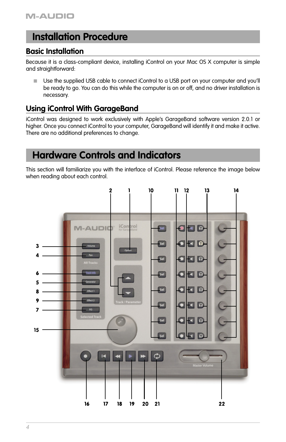 Installation procedure, Hardware controls and indicators | M-AUDIO iControl User Manual | Page 2 / 7