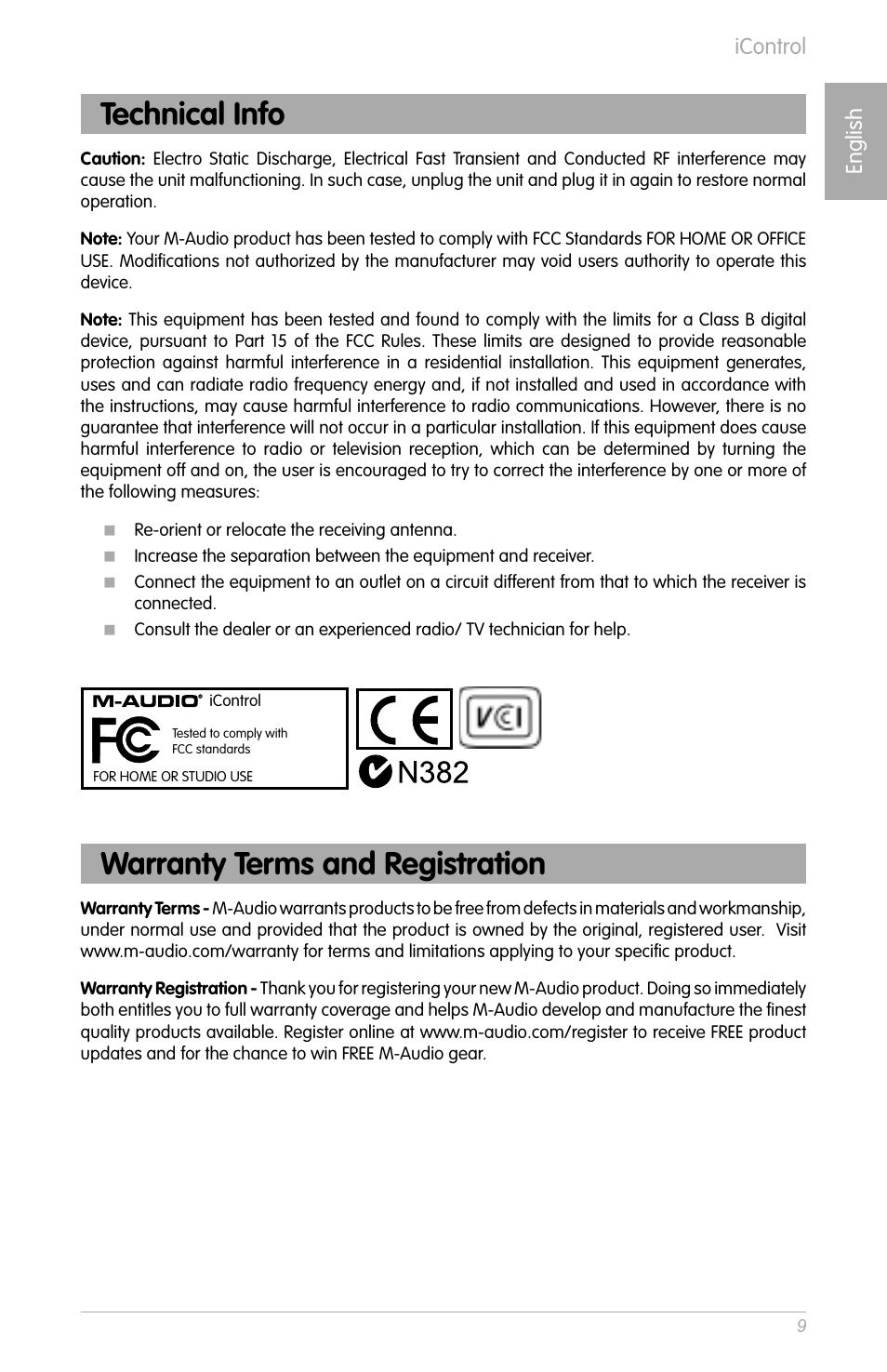 Technical info, Warranty terms and registration, Icontrol english | M-AUDIO iControl User Manual | Page 7 / 7