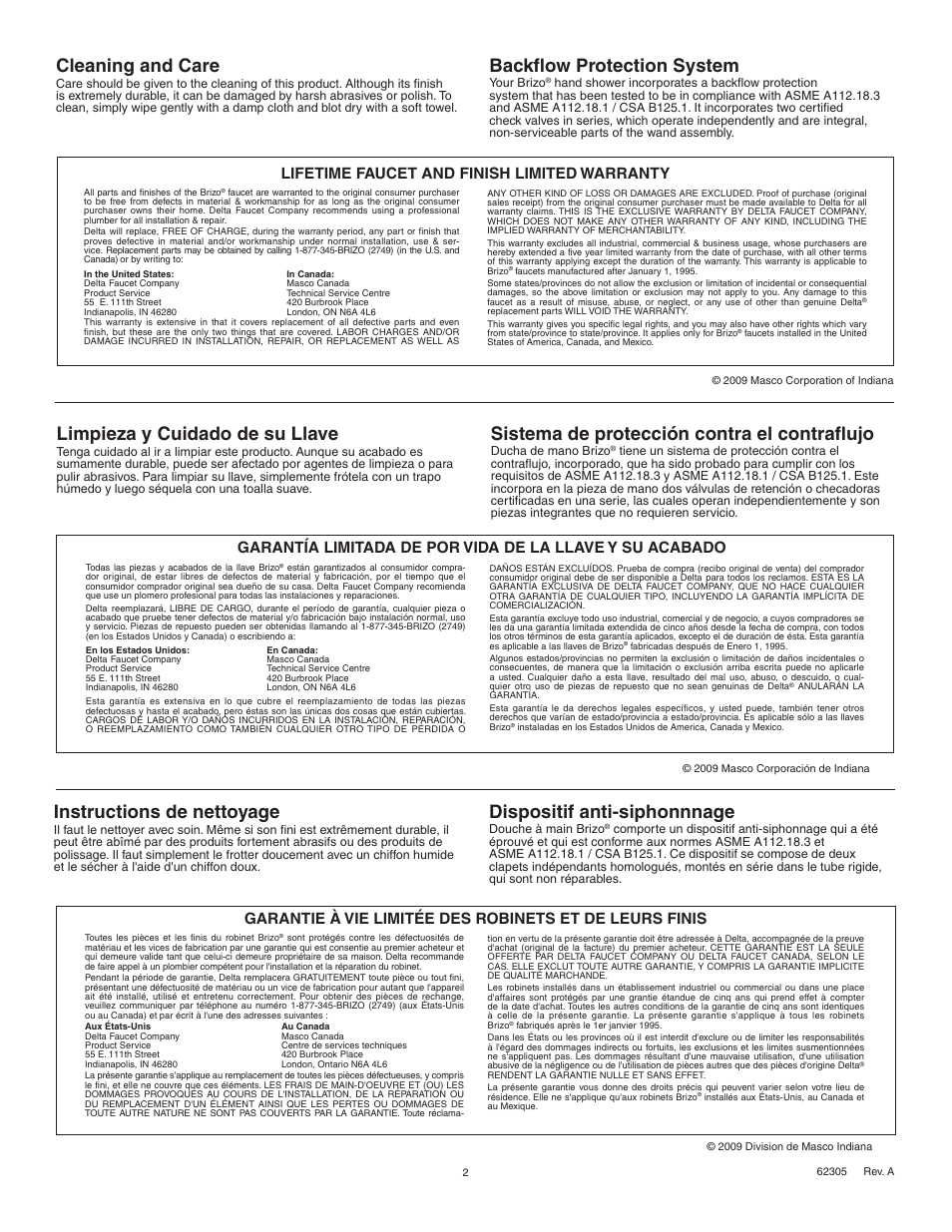 Cleaning and care, Backflow protection system, Instructions de nettoyage | Limpieza y cuidado de su llave, Sistema de protección contra el contraflujo, Dispositif anti-siphonnnage, Lifetime faucet and finish limited warranty | Factory Direct Hardware Brizo T67430 Virage User Manual | Page 2 / 8