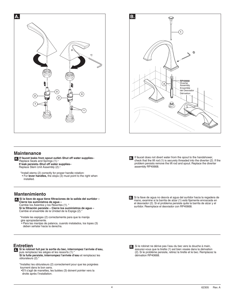 Maintenance, Mantenimiento, Entretien | Factory Direct Hardware Brizo T67430 Virage User Manual | Page 4 / 8