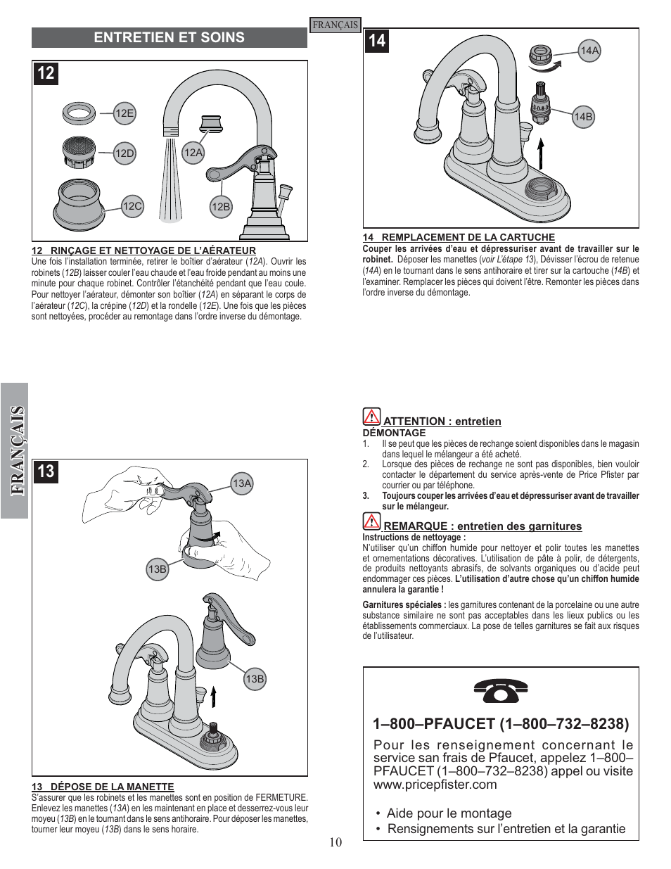 Fran ç ais, Entretien et soins | Factory Direct Hardware Pfister T43-YP0 User Manual | Page 10 / 12