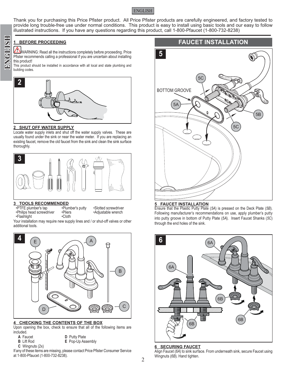 English, Faucet installation | Factory Direct Hardware Pfister T43-YP0 User Manual | Page 2 / 12