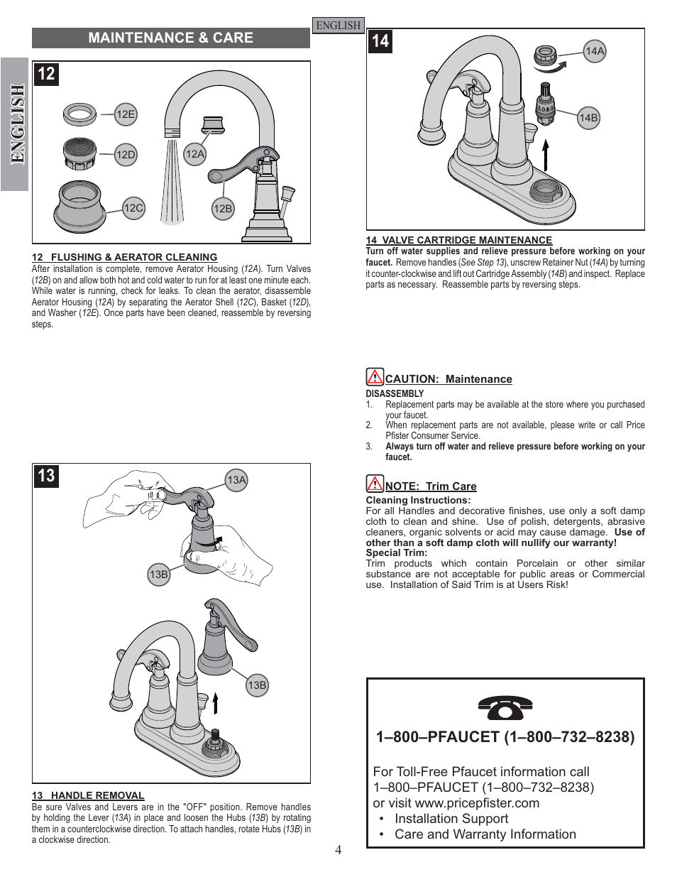 English, Maintenance & care | Factory Direct Hardware Pfister T43-YP0 User Manual | Page 4 / 12