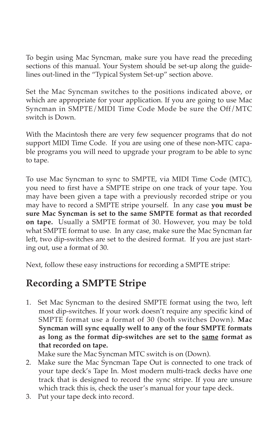 Operation, Recording a smpte stripe | M-AUDIO Mac Syncman User Manual | Page 14 / 24