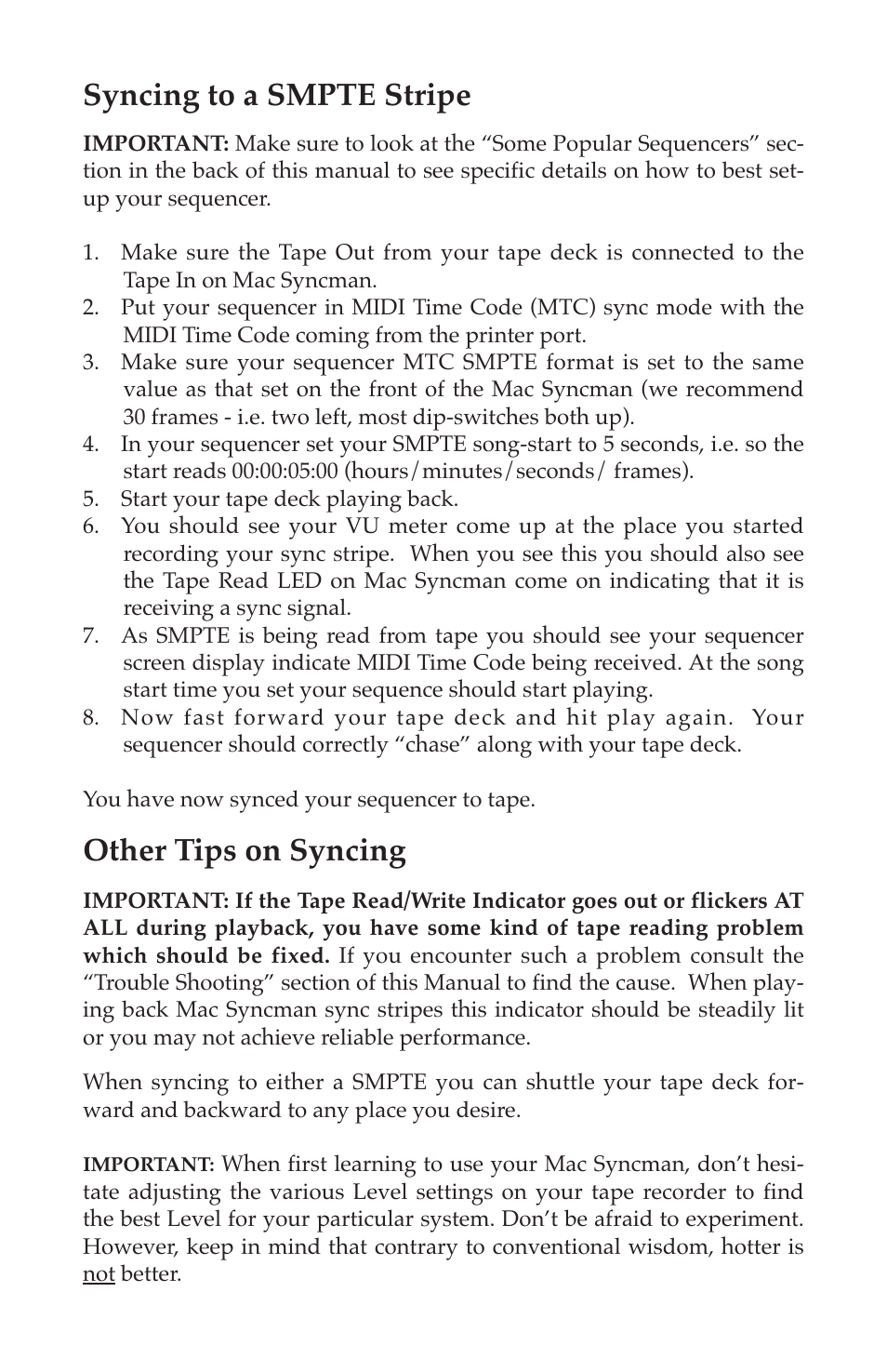 Syncing to a smpte stripe, Other tips on syncing | M-AUDIO Mac Syncman User Manual | Page 16 / 24