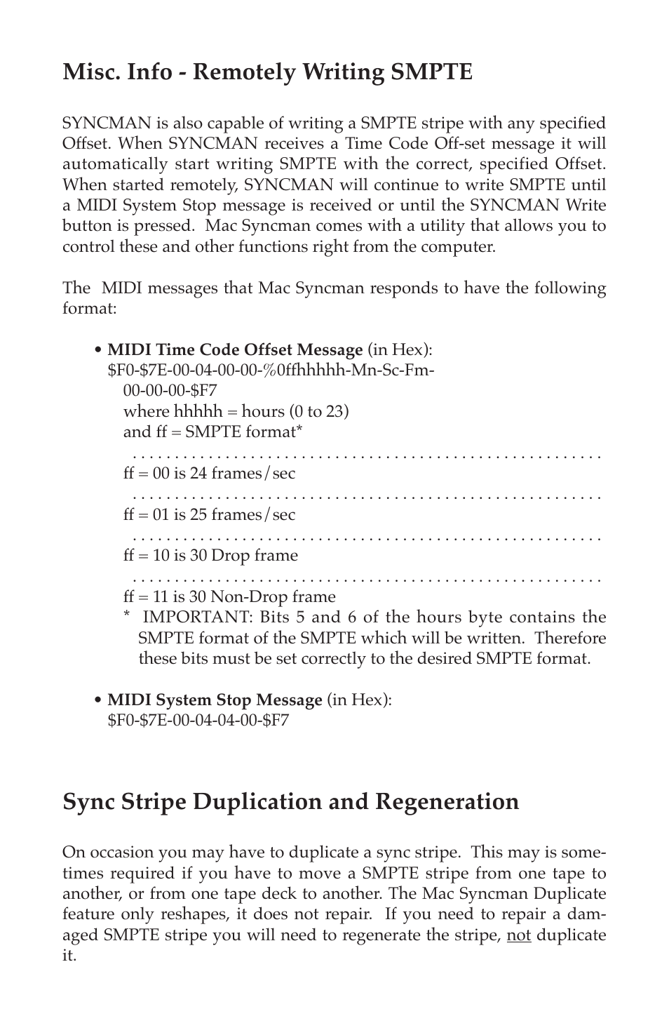 Misc. info - remotely writing smpte, Sync stripe duplication and regeneration | M-AUDIO Mac Syncman User Manual | Page 17 / 24