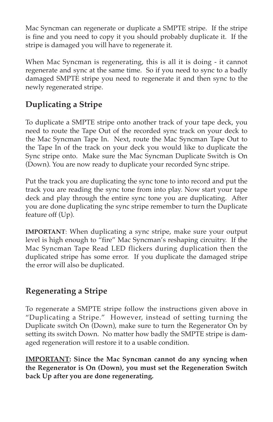 Duplicating a stripe, Regenerating a stripe | M-AUDIO Mac Syncman User Manual | Page 18 / 24