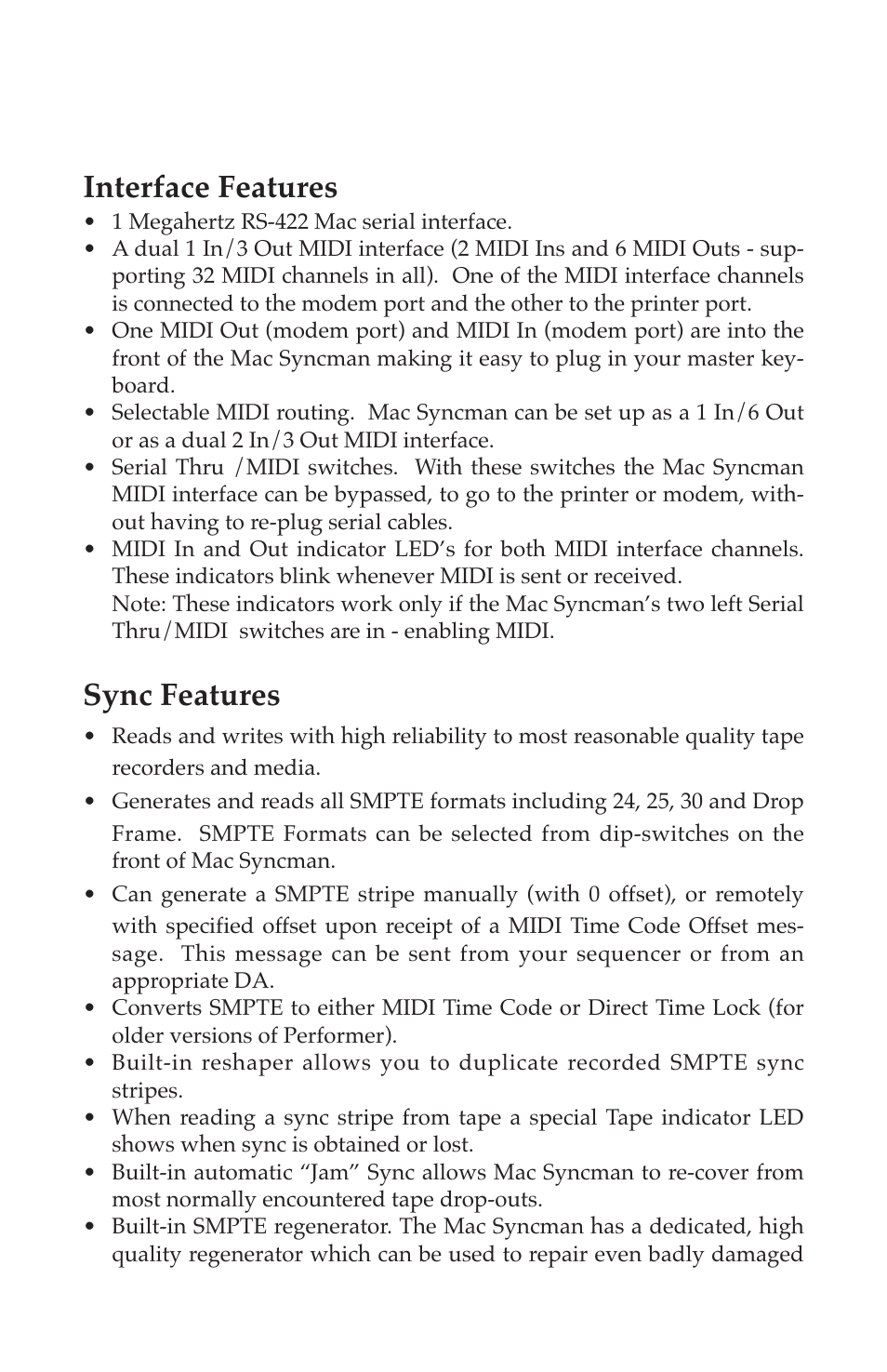 Features, Interface features, Sync features | M-AUDIO Mac Syncman User Manual | Page 4 / 24