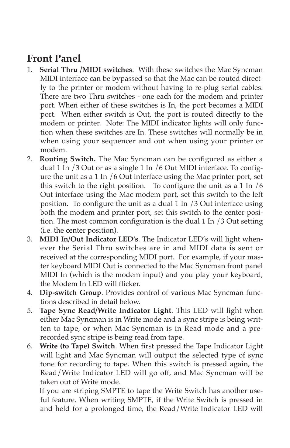 Panel description (see fig. 1), Front panel | M-AUDIO Mac Syncman User Manual | Page 7 / 24