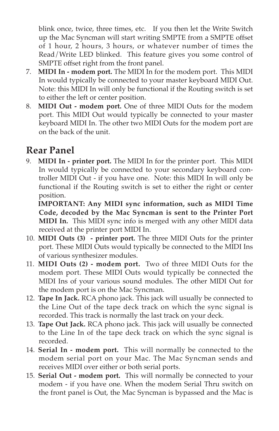Rear panel | M-AUDIO Mac Syncman User Manual | Page 8 / 24