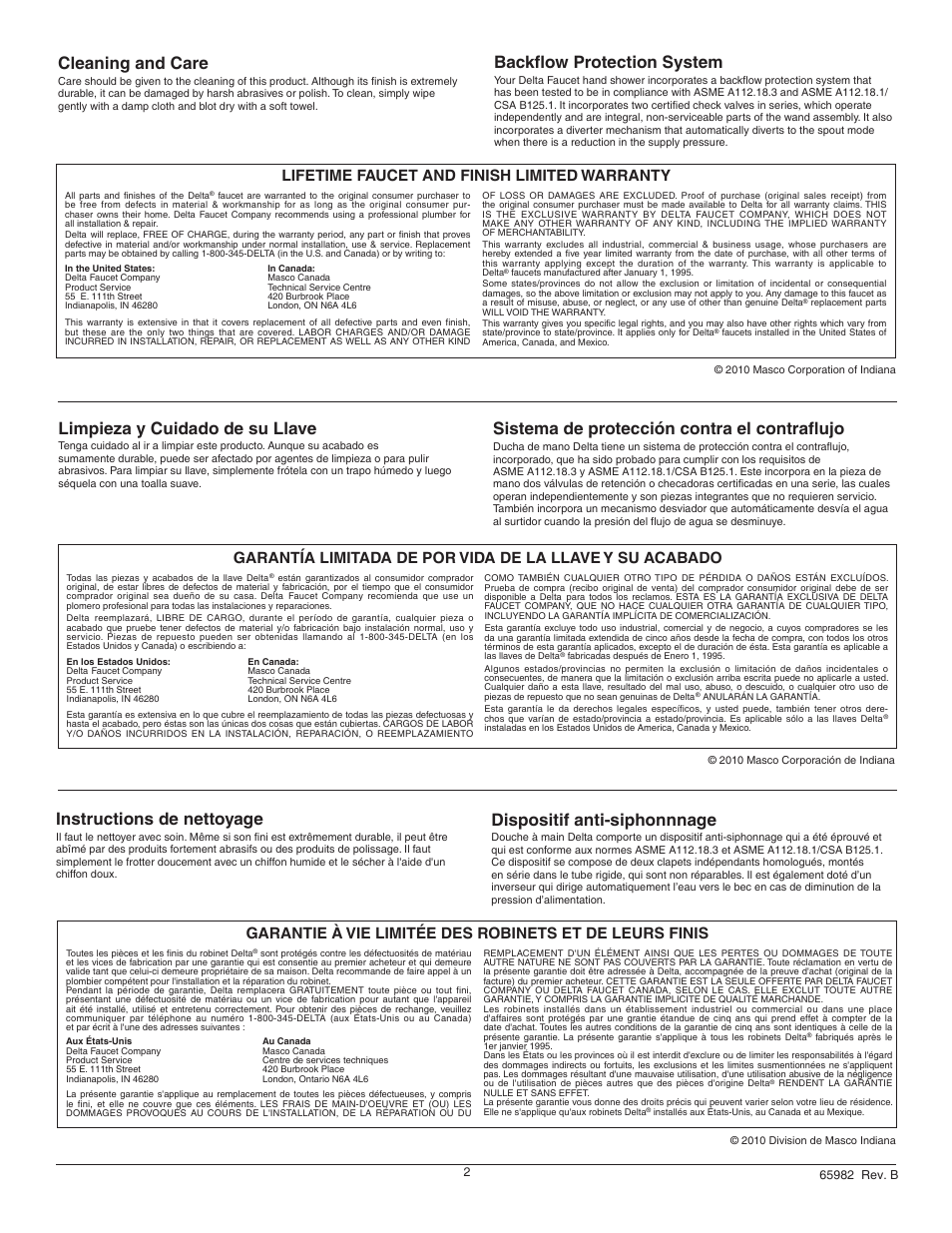 Cleaning and care, Backflow protection system, Instructions de nettoyage | Limpieza y cuidado de su llave, Sistema de protección contra el contraflujo, Dispositif anti-siphonnnage, Lifetime faucet and finish limited warranty | Factory Direct Hardware Delta T4753 Vero User Manual | Page 2 / 8