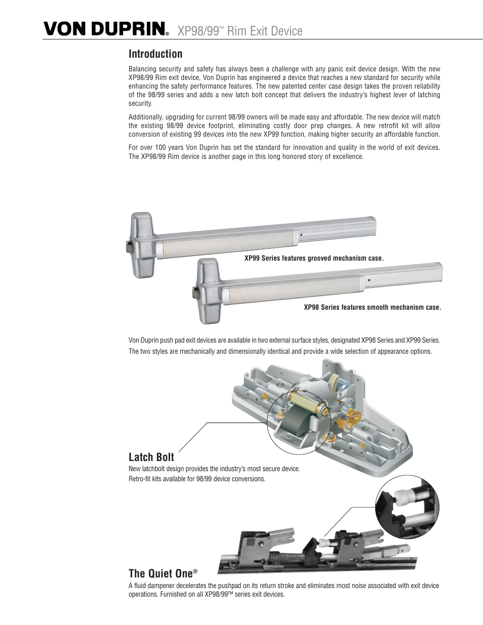Xp98/99, Rim exit device, Introduction | Latch bolt, The quiet one | Factory Direct Hardware Von Duprin XP99EO3 User Manual | Page 4 / 6