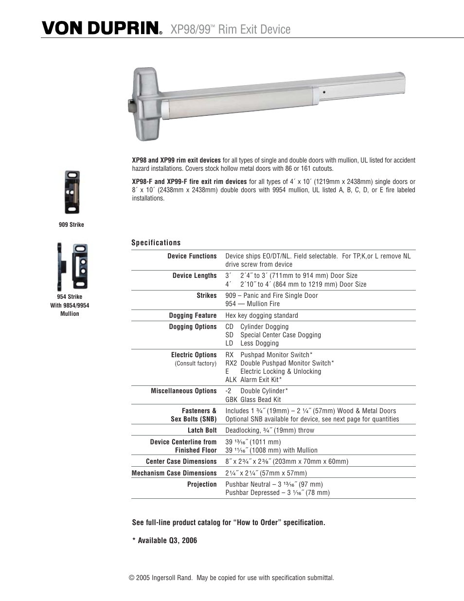 Xp98/99, Rim exit device | Factory Direct Hardware Von Duprin XP99EO3 User Manual | Page 5 / 6