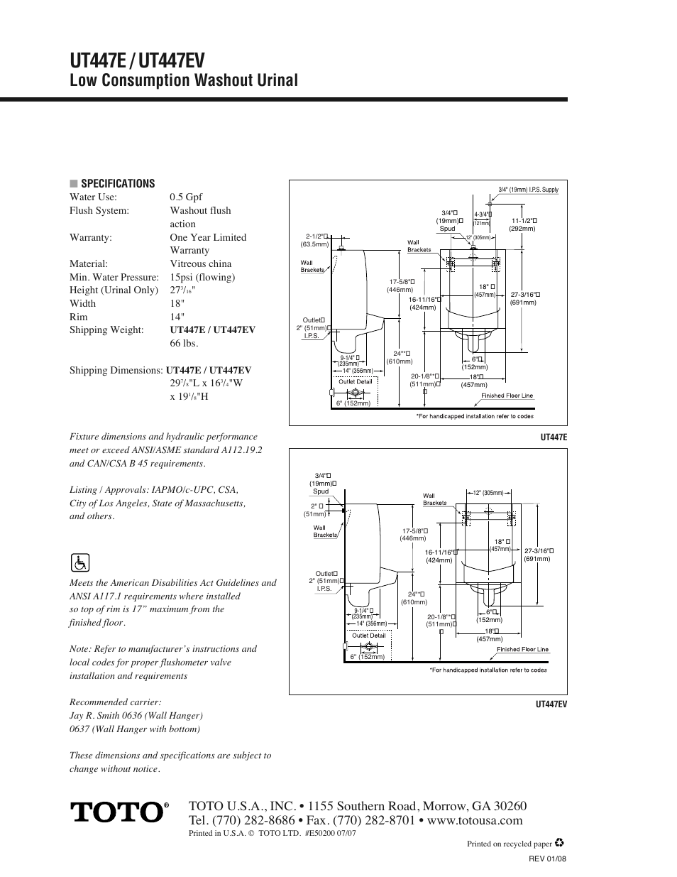Low consumption washout urinal, Specifications | Factory Direct Hardware Toto UT447E User Manual | Page 2 / 2