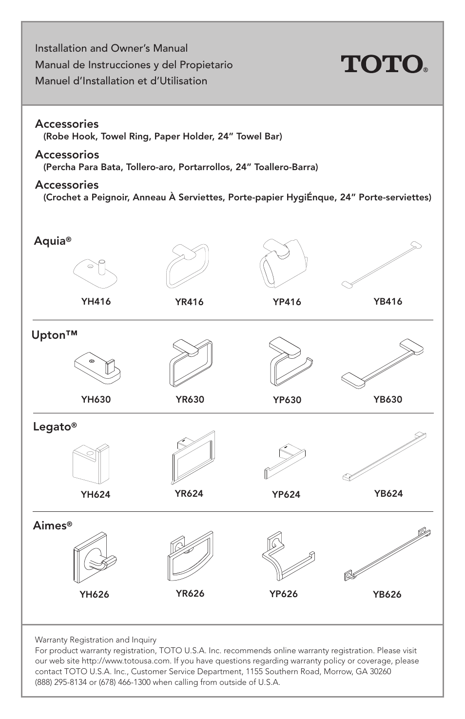 Factory Direct Hardware Toto YH416 Aquia User Manual | 11 pages