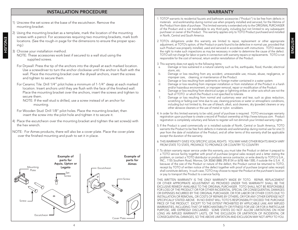 Installation procedure, Warranty | Factory Direct Hardware Toto YH416 Aquia User Manual | Page 3 / 11