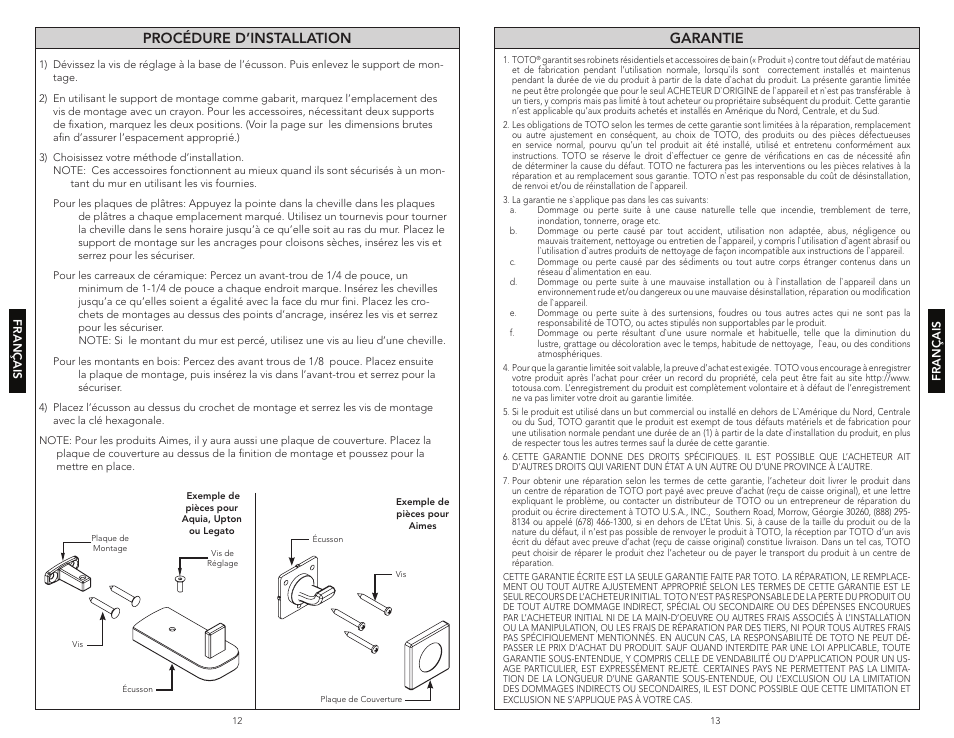 Procédure d’installation, Garantie | Factory Direct Hardware Toto YH416 Aquia User Manual | Page 7 / 11