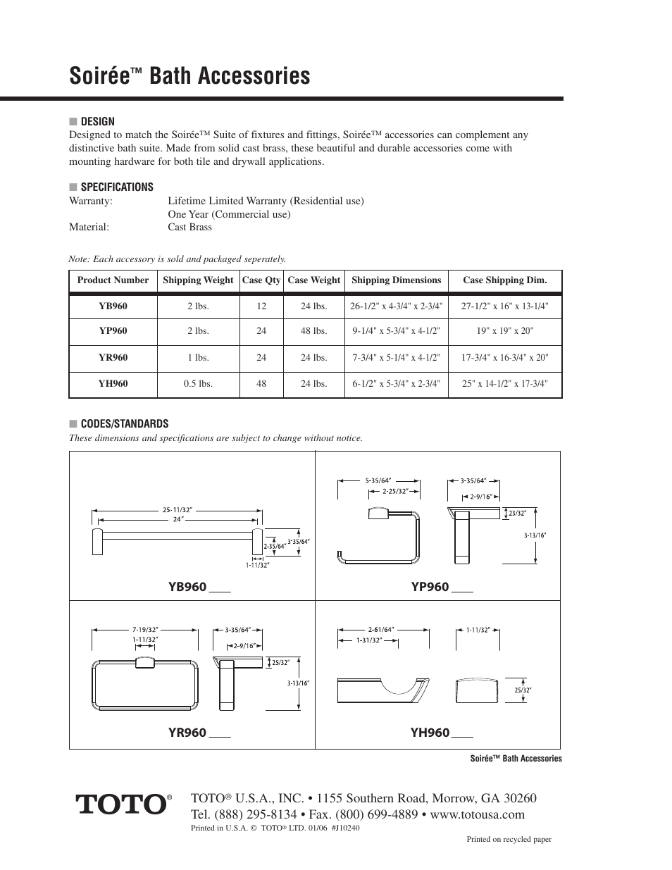 Soirée, Bath accessories | Factory Direct Hardware Toto YH960 Soiree User Manual | Page 2 / 2