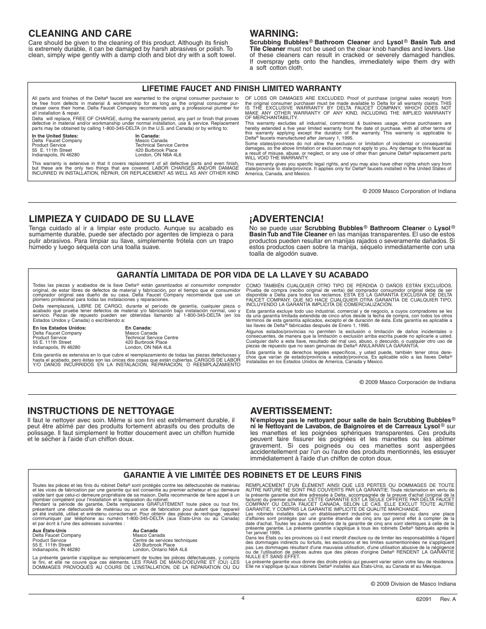Cleaning and care, Warning, Instructions de nettoyage | Avertissement, Limpieza y cuidado de su llave, Advertencia, Lifetime faucet and finish limited warranty | Factory Direct Hardware Delta T5722 Classic User Manual | Page 4 / 4