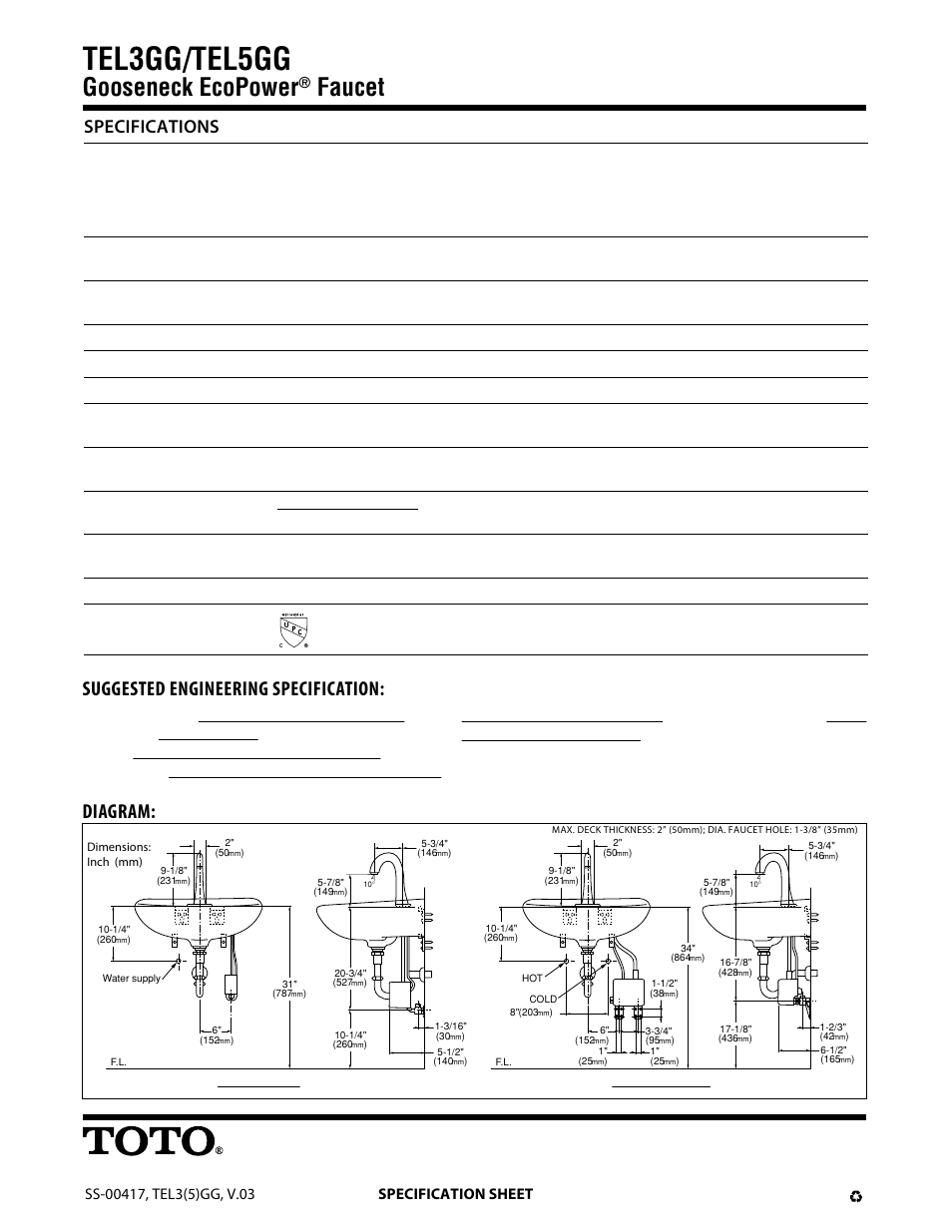 Tel3gg/tel5gg, Gooseneck ecopower, Faucet | Suggested engineering specification, Diagram, Specifications, 1/2" npsm, On feature: immediate off feature: 1 second delay, Thermal mixing faucet: cold water - 104°f (max), When used under standard conditions) | Factory Direct Hardware Toto TEL3GG60#CP User Manual | Page 2 / 2
