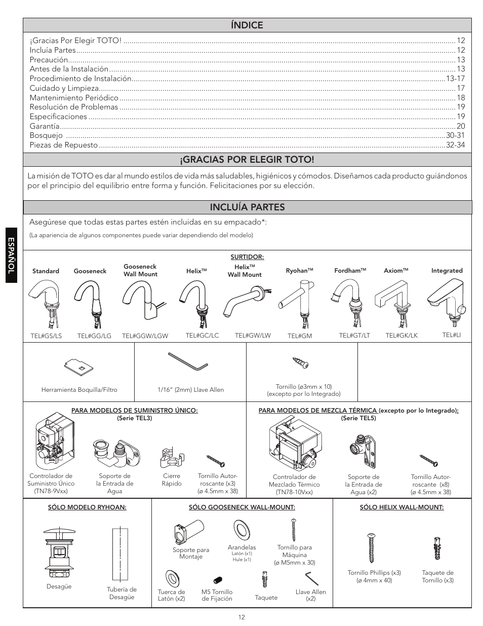 Índice ¡gracias por elegir toto, Inclu í a partes | Factory Direct Hardware Toto TEL3LW10#CP User Manual | Page 12 / 36