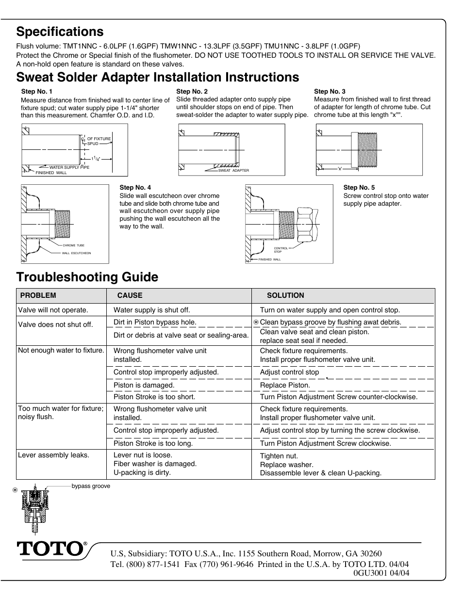 Specifications, Sweat solder adapter installation instructions, Troubleshooting guide | Factory Direct Hardware Toto TMU1LN12#CP 0.5 GPF User Manual | Page 4 / 4