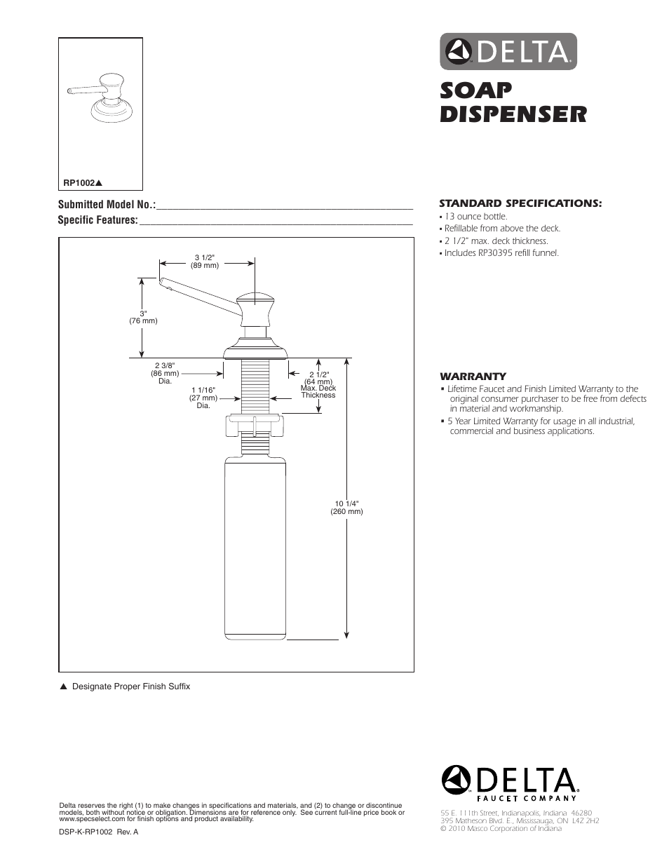 Factory Direct Hardware Delta RP1002 Classic User Manual | 1 page