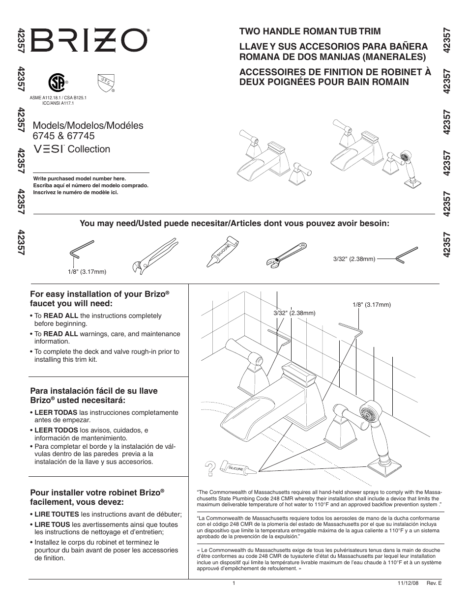 Factory Direct Hardware Brizo T6745 Vesi User Manual | 8 pages