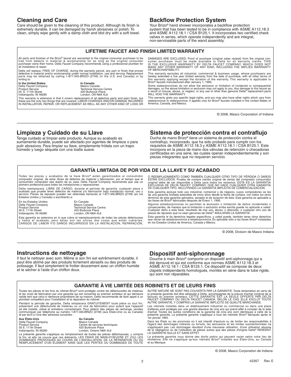 Backflow protection system, Sistema de protección contra el contraflujo, Dispositif anti-siphonnnage | Cleaning and care, Instructions de nettoyage, Limpieza y cuidado de su llave, Lifetime faucet and finish limited warranty | Factory Direct Hardware Brizo T6745 Vesi User Manual | Page 2 / 8