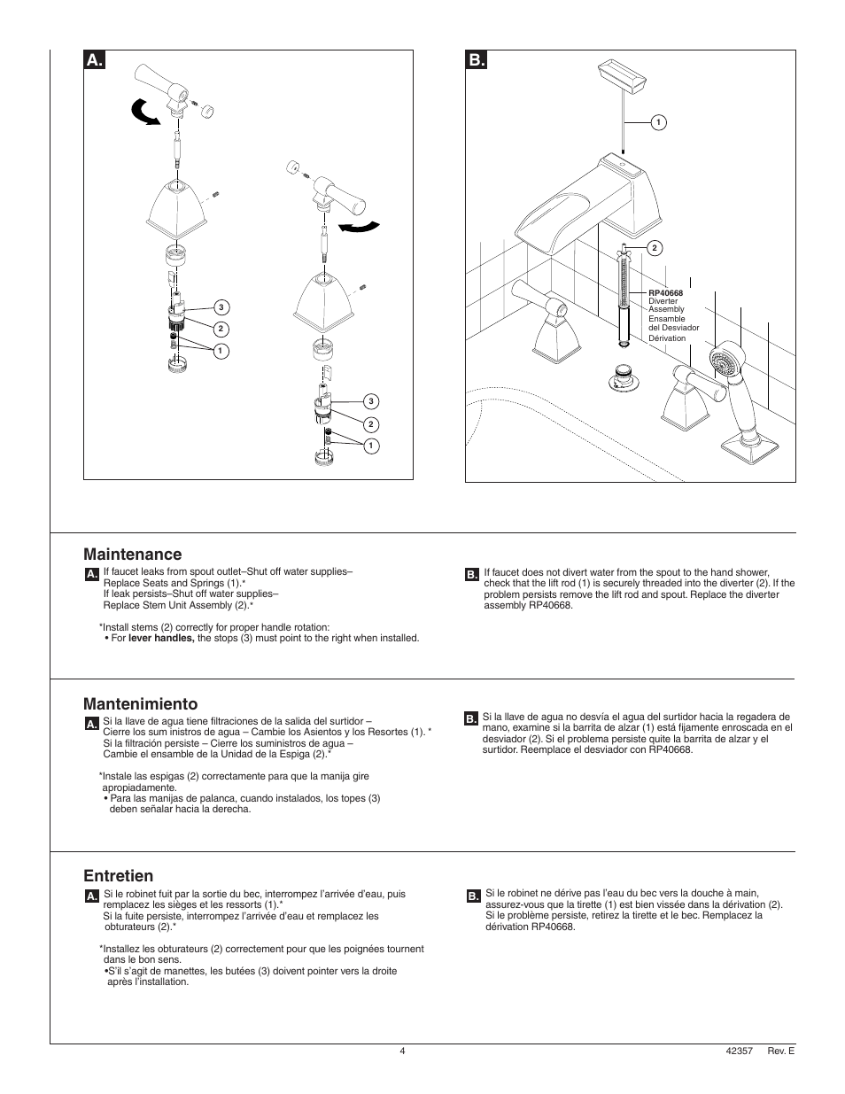 Maintenance, Mantenimiento, Entretien | Factory Direct Hardware Brizo T6745 Vesi User Manual | Page 4 / 8