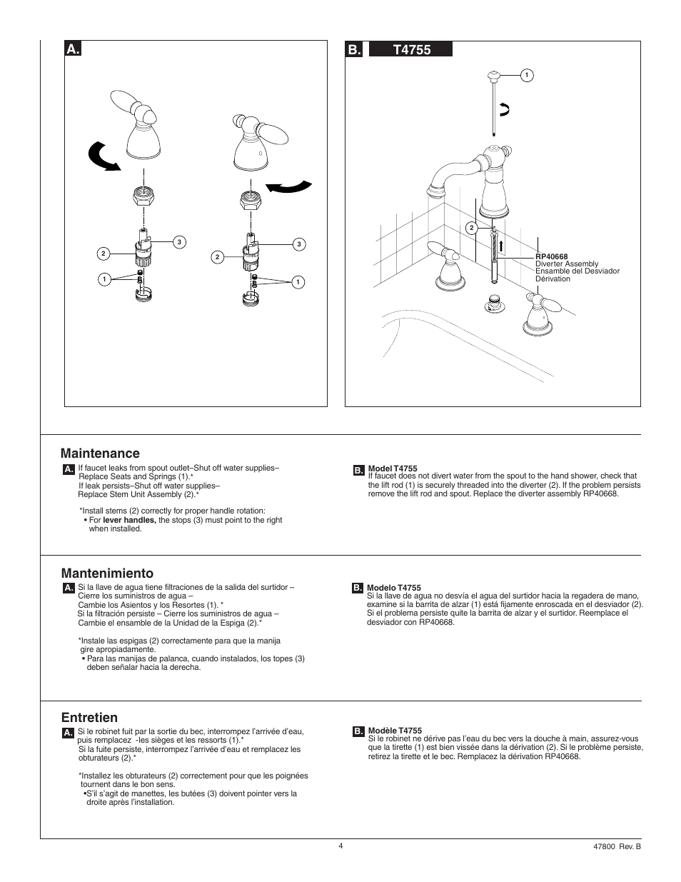 Maintenance, Mantenimiento, Entretien | T4755 b | Factory Direct Hardware Delta T4755-LHP Victorian User Manual | Page 4 / 8