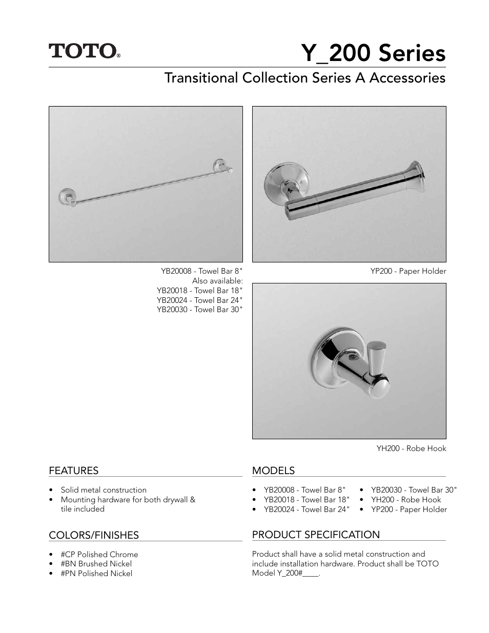 Factory Direct Hardware Toto YB20024 Transitional User Manual | 2 pages