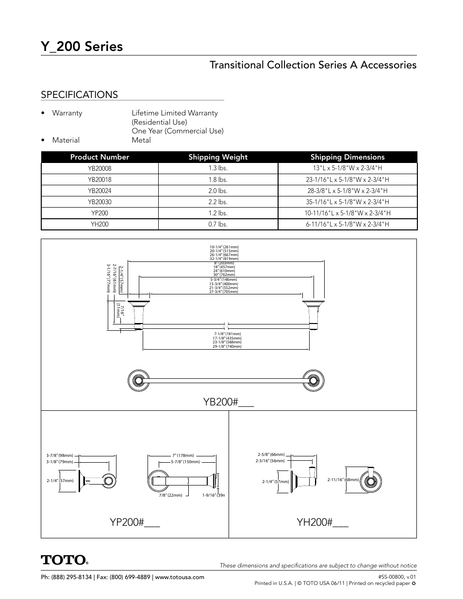 Y_200 series, Transitional collection series a accessories, Specifications | Factory Direct Hardware Toto YB20024 Transitional User Manual | Page 2 / 2