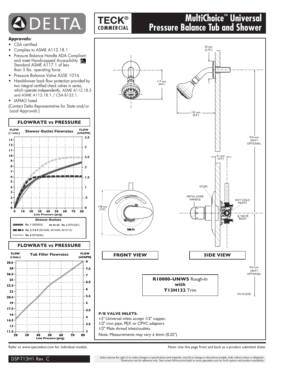 Teck, Multichoice, Universal pressure balance tub and shower | Commercial, Dsp-t13h1 rev. c, Flowrate vs pressure | Factory Direct Hardware Delta T13H252 User Manual | Page 2 / 3