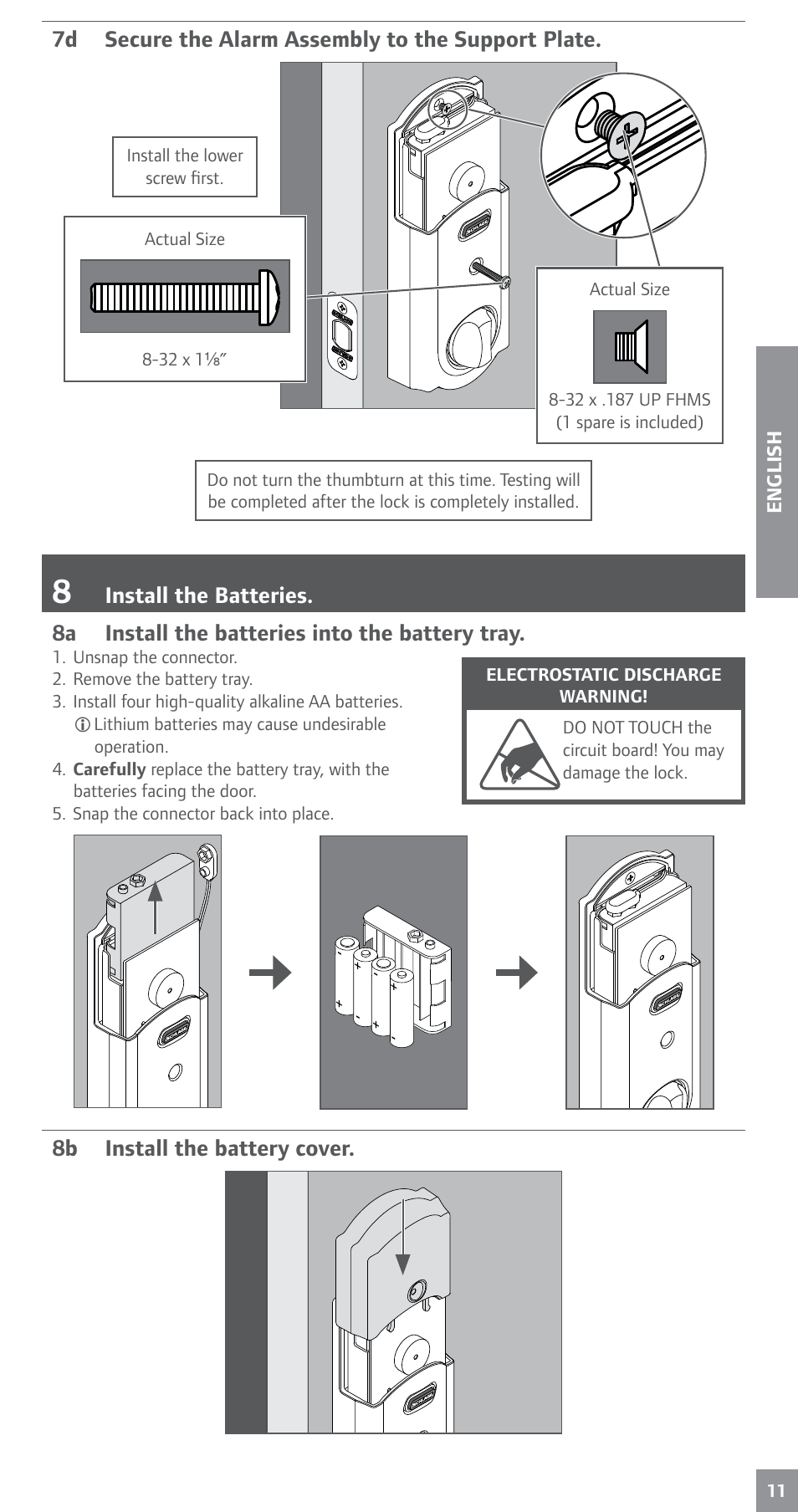 7d secure the alarm assembly to the support plate, 8 install the batteries, 8b install the battery cover | Schlage BE469NX Installation User Manual | Page 11 / 16