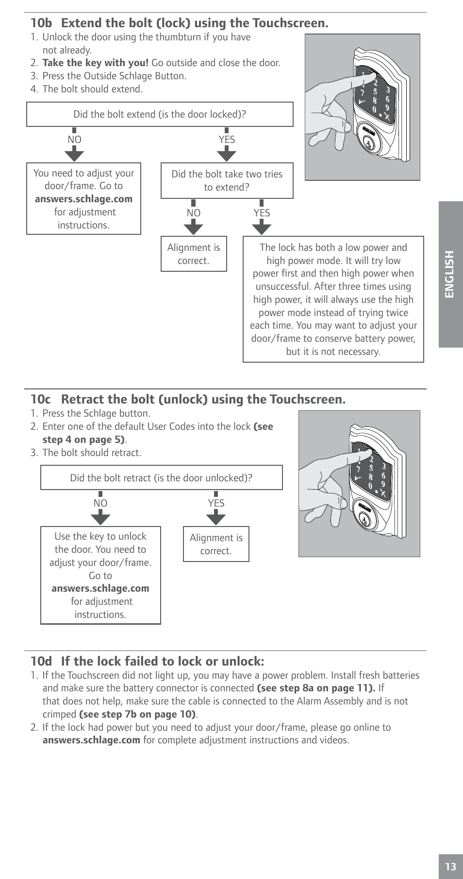 Step 10b, O step 10b, 10b extend the bolt (lock) using the touchscreen | 10d if the lock failed to lock or unlock | Schlage BE469NX Installation User Manual | Page 13 / 16