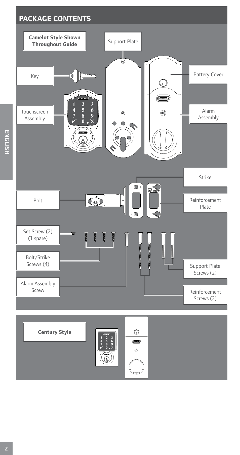 Package contents | Schlage BE469NX Installation User Manual | Page 2 / 16