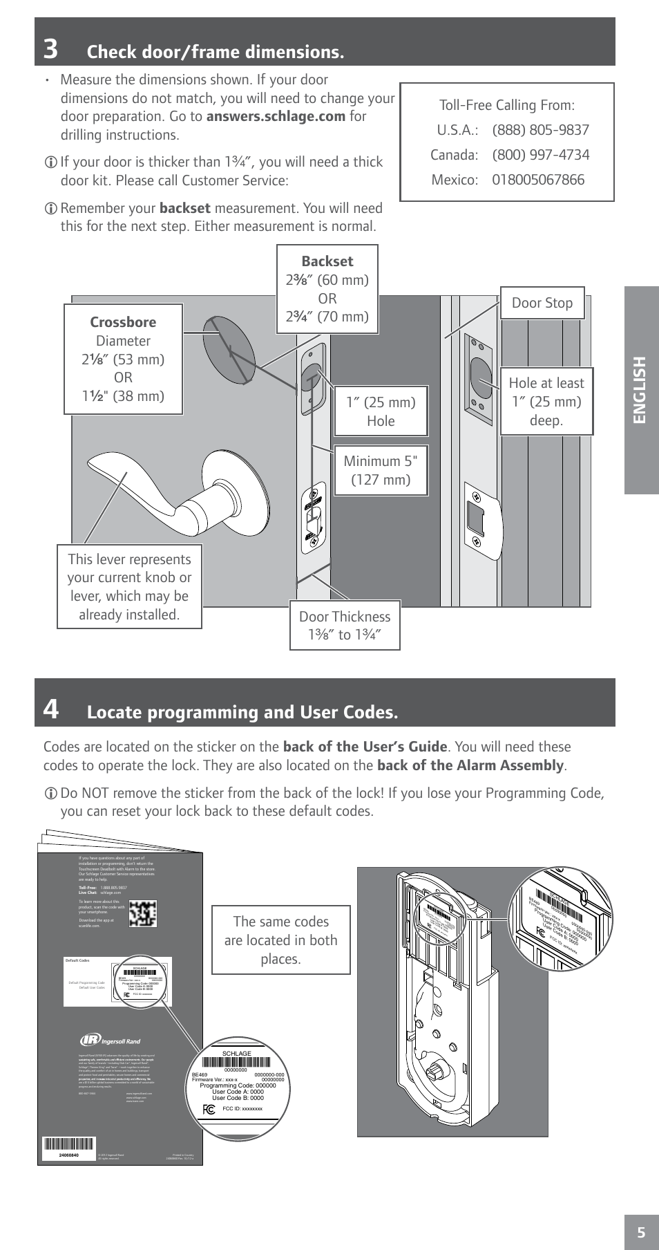Check door/frame dimensions, Locate programming and user codes, English | The same codes are located in both places | Schlage BE469NX Installation User Manual | Page 5 / 16