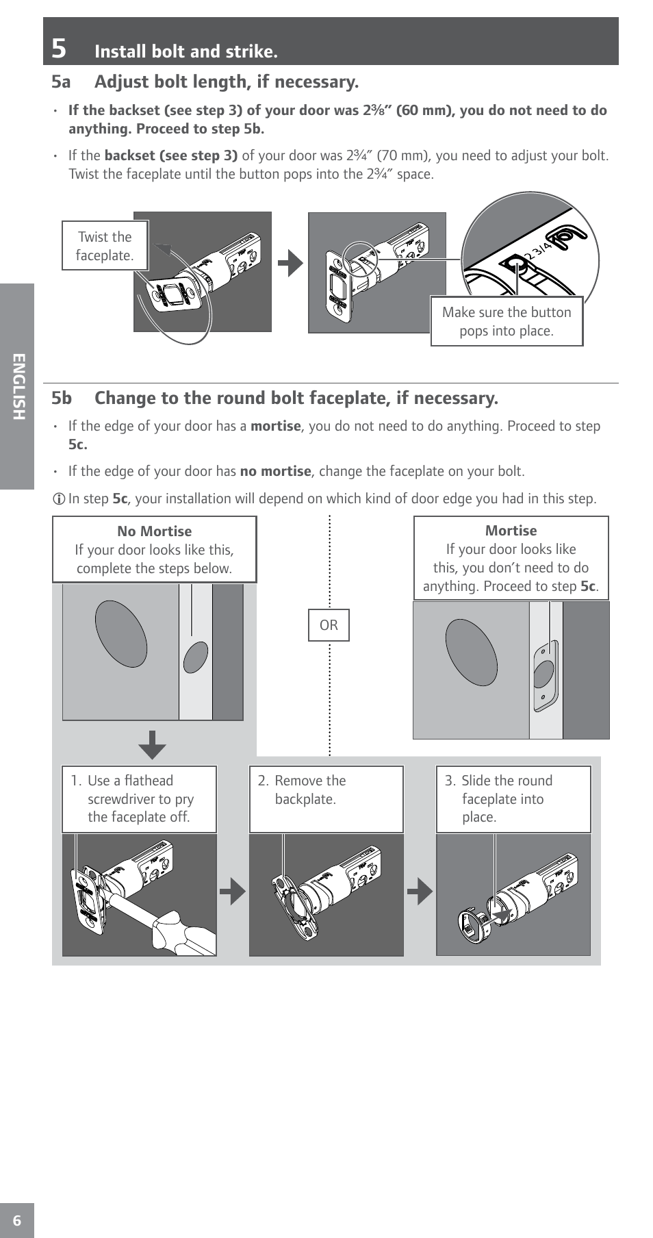 5 install bolt and strike | Schlage BE469NX Installation User Manual | Page 6 / 16