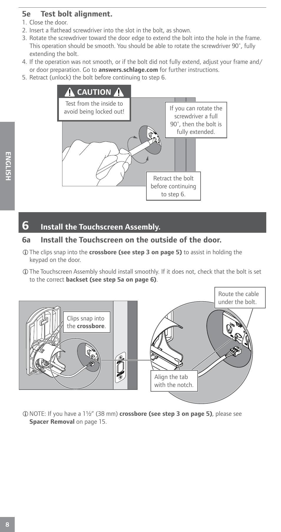 5e test bolt alignment, 6 install the touchscreen assembly, Caution | Schlage BE469NX Installation User Manual | Page 8 / 16